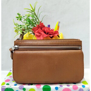 Fossil Brown Pebbled Leather Double Zipper Closure Credit Card Wallet